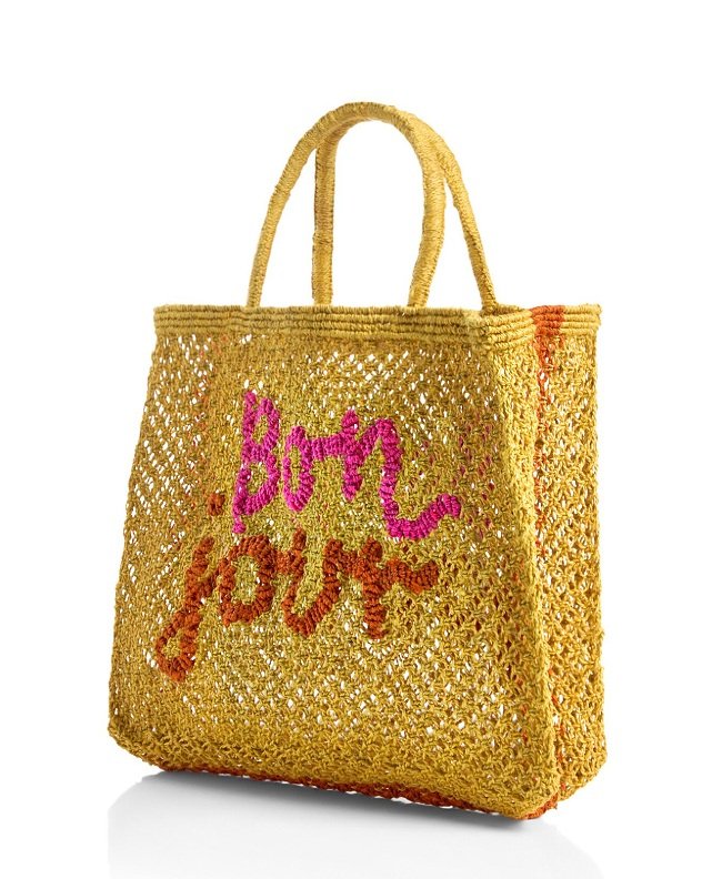 THE JACKSONS LONDON JUTE BAG . BONJOUR . IN YELLOW WITH PINK/GINGER