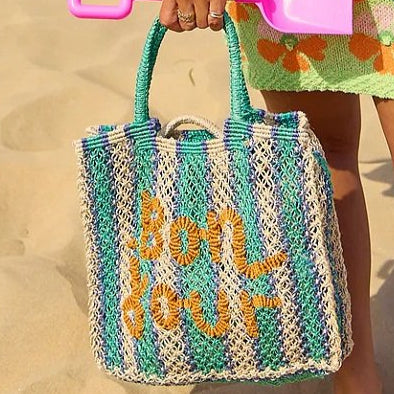 THE JACKSONS LONDON JUTE BAG . BON_JOUR . IN AQUA/PEBBLE/NATURAL WITH ORANGE