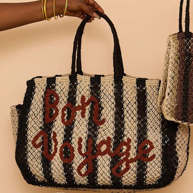 THE JACKSONS LONDON JUTE BAG . BON VOYAGE . STRIPE IN BLACK/NATURAL/GINGER