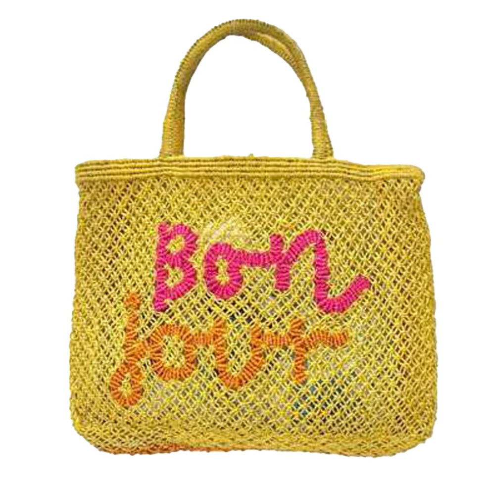 THE JACKSONS LONDON JUTE BAG . BONJOUR . IN YELLOW WITH PINK/GINGER