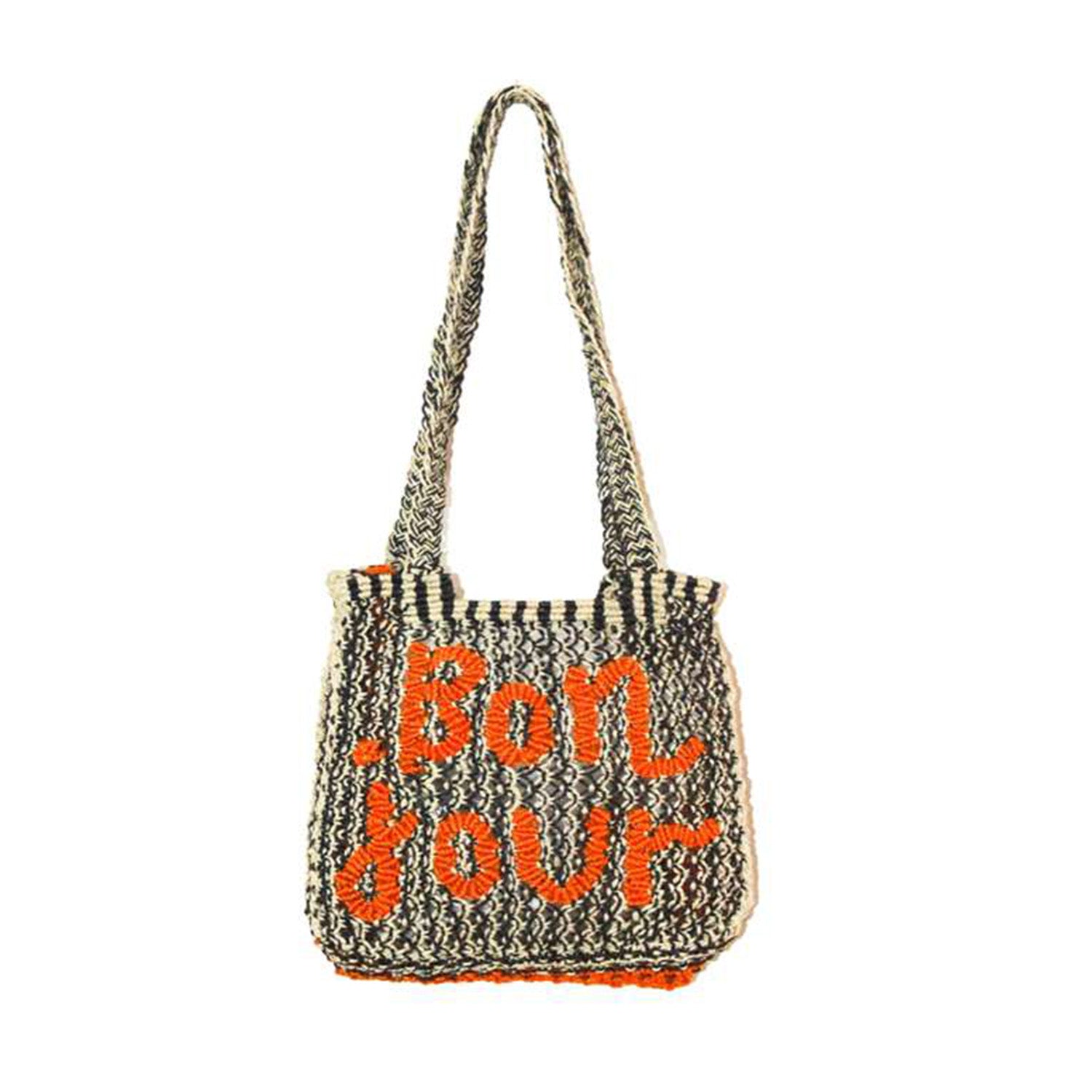 THE JACKSONS LONDON JUTE BAG . BONJOUR STRIPE .CARA BAG.BLACK/NATURAL/ORANGE