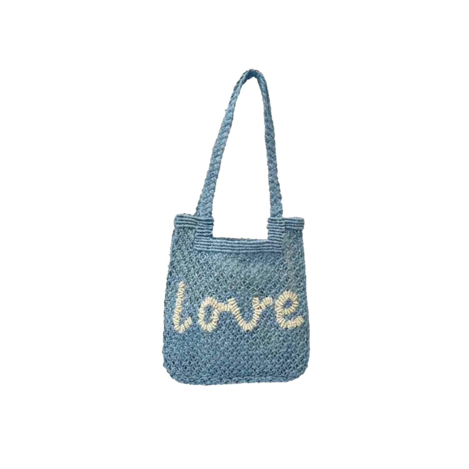 THE JACKSONS LONDON JUTE BAG . LOVE . IN BLUE PEBBLE WITH NATURAL