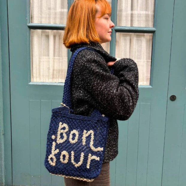 THE JACKSONS LONDON JUTE BAG . BON JOUR . NATURAL IN INDIGO