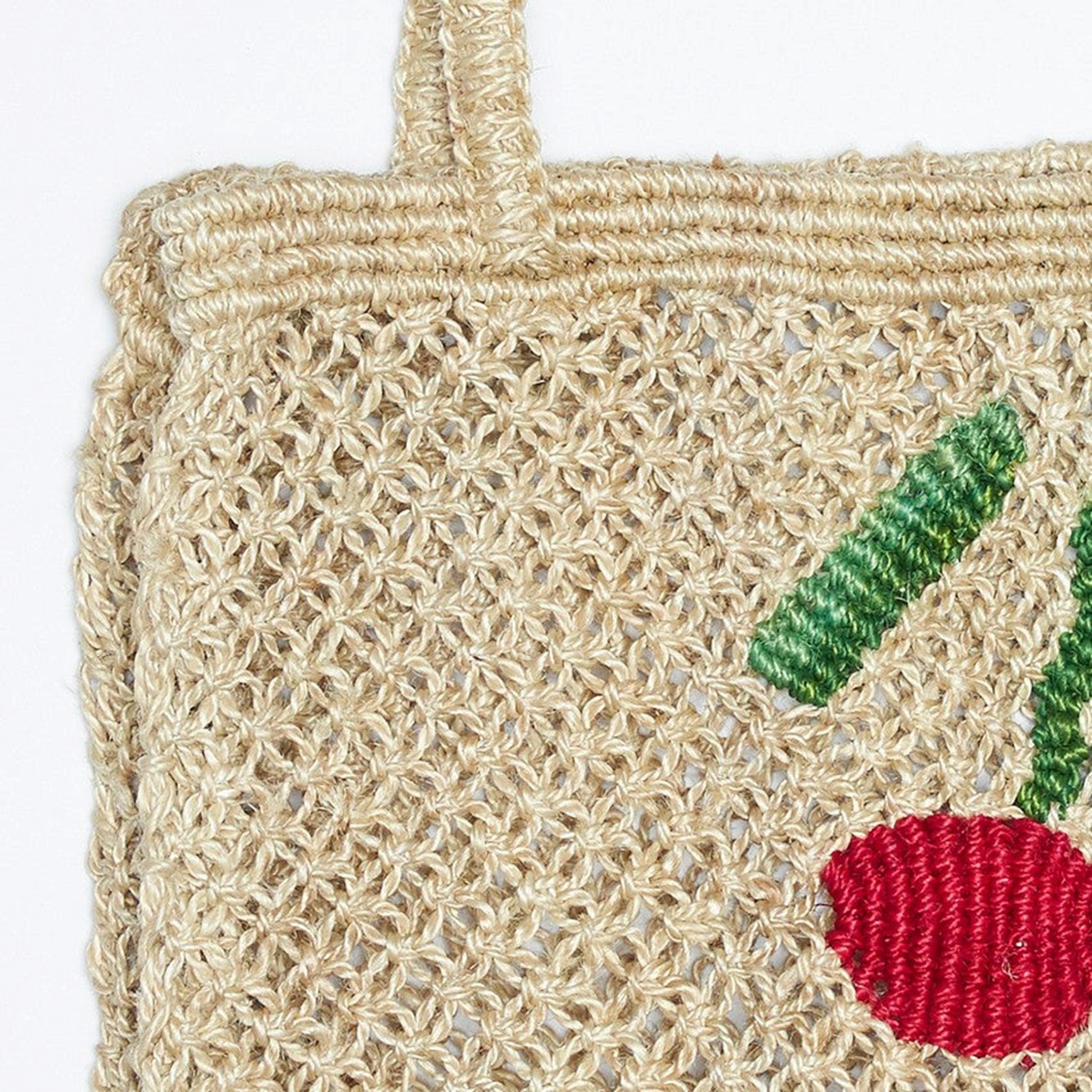THE JACKSONS LONDON JUTE BAG . CHERRYS. IN NATURAL WITH RASPBERRY, GREEN