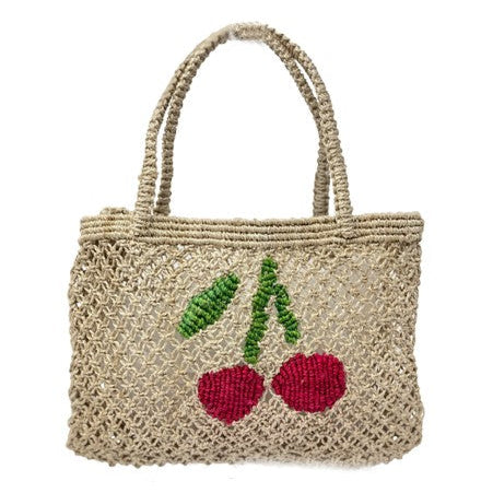 THE JACKSONS LONDON JUTE BAG . CHERRYS. IN NATURAL WITH RASPBERRY, GREEN
