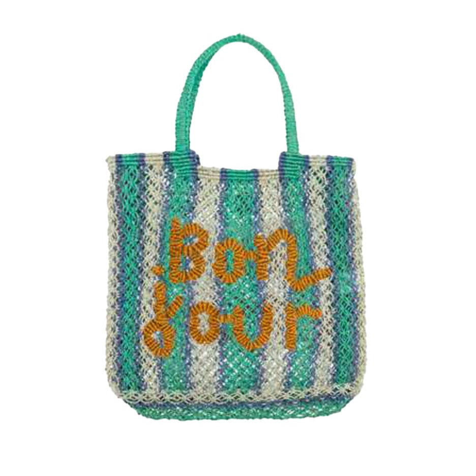 THE JACKSONS LONDON JUTE BAG . BON_JOUR . IN AQUA/PEBBLE/NATURAL WITH ORANGE