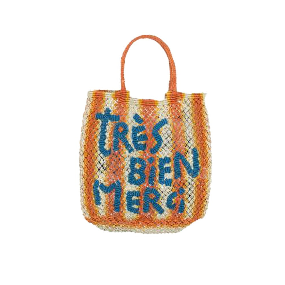THE JACKSONS LONDON JUTE BAG . TRES BIEN MERCI . IN ORANGE/PEACH/NATURAL WITH OCEAN