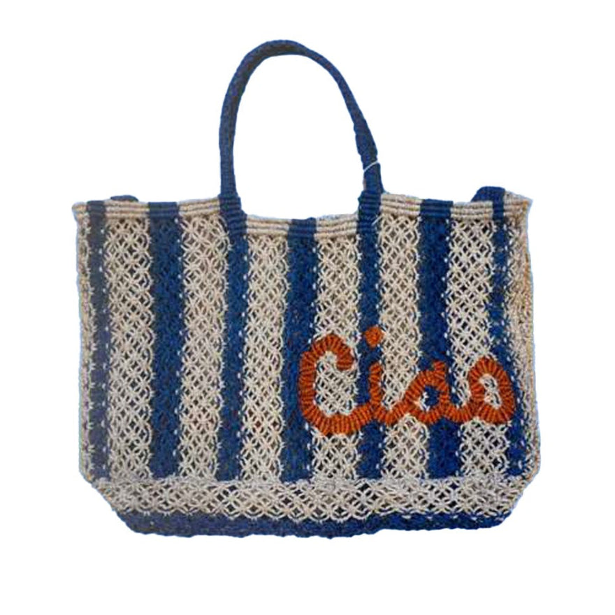 THE JACKSONS LONDON JUTE BAG . CIAO . IN COBALT/NATURAL WITH TANGO