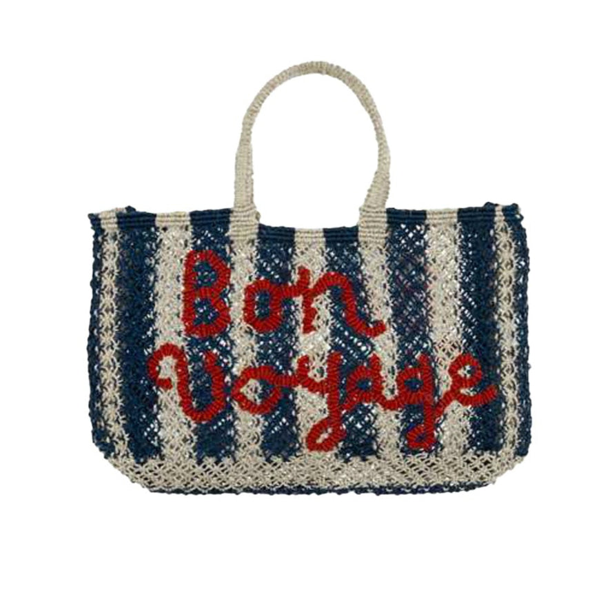 THE JACKSONS LONDON JUTE BAG . BON VOYAGE . IN INDIGO/STRIPE with SCARLETT