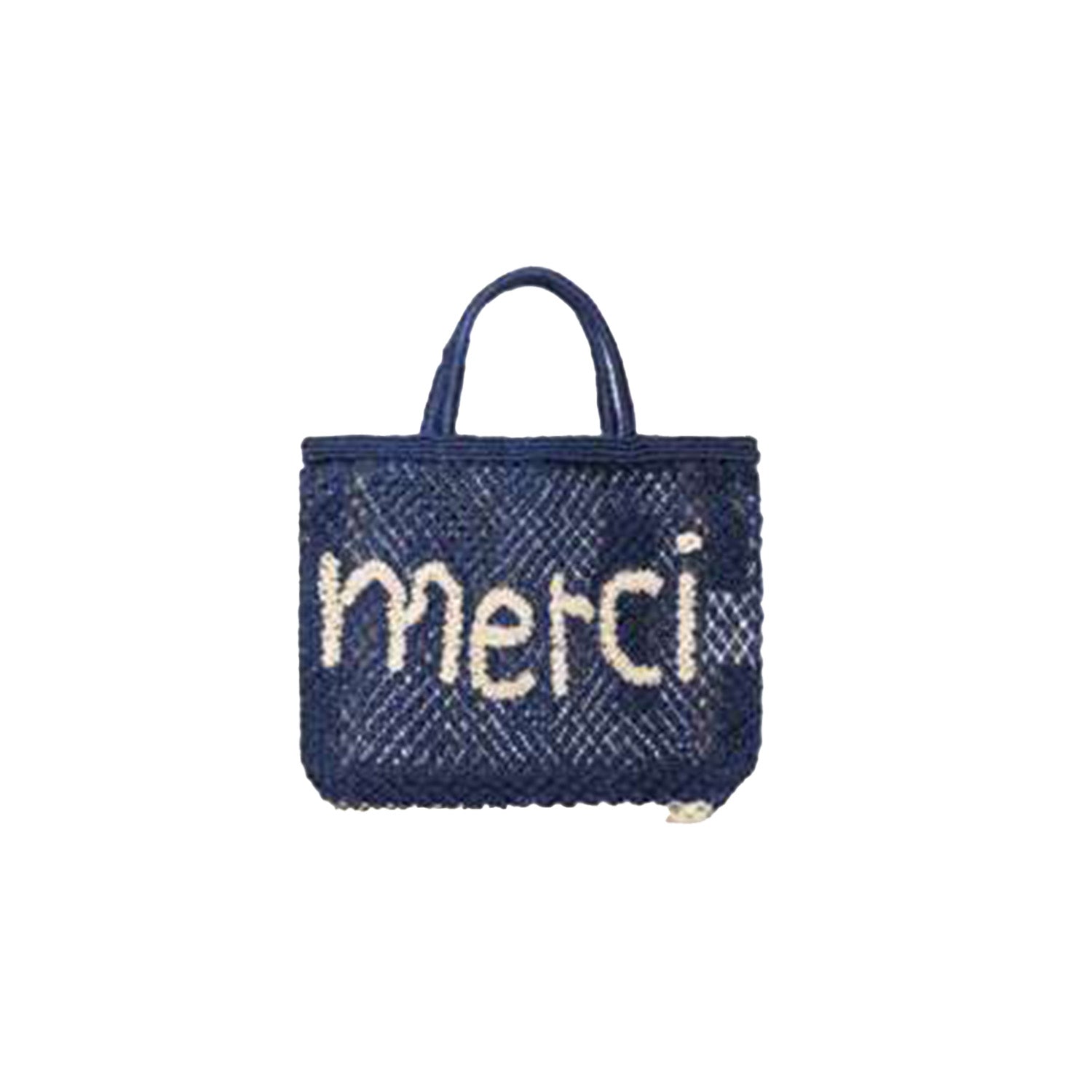 THE JACKSONS LONDON JUTE BAG . MERCI . IN INDIGO WITH NATURAL