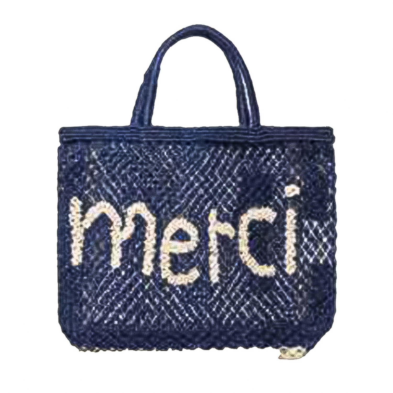 THE JACKSONS LONDON JUTE BAG . MERCI . IN INDIGO WITH NATURAL