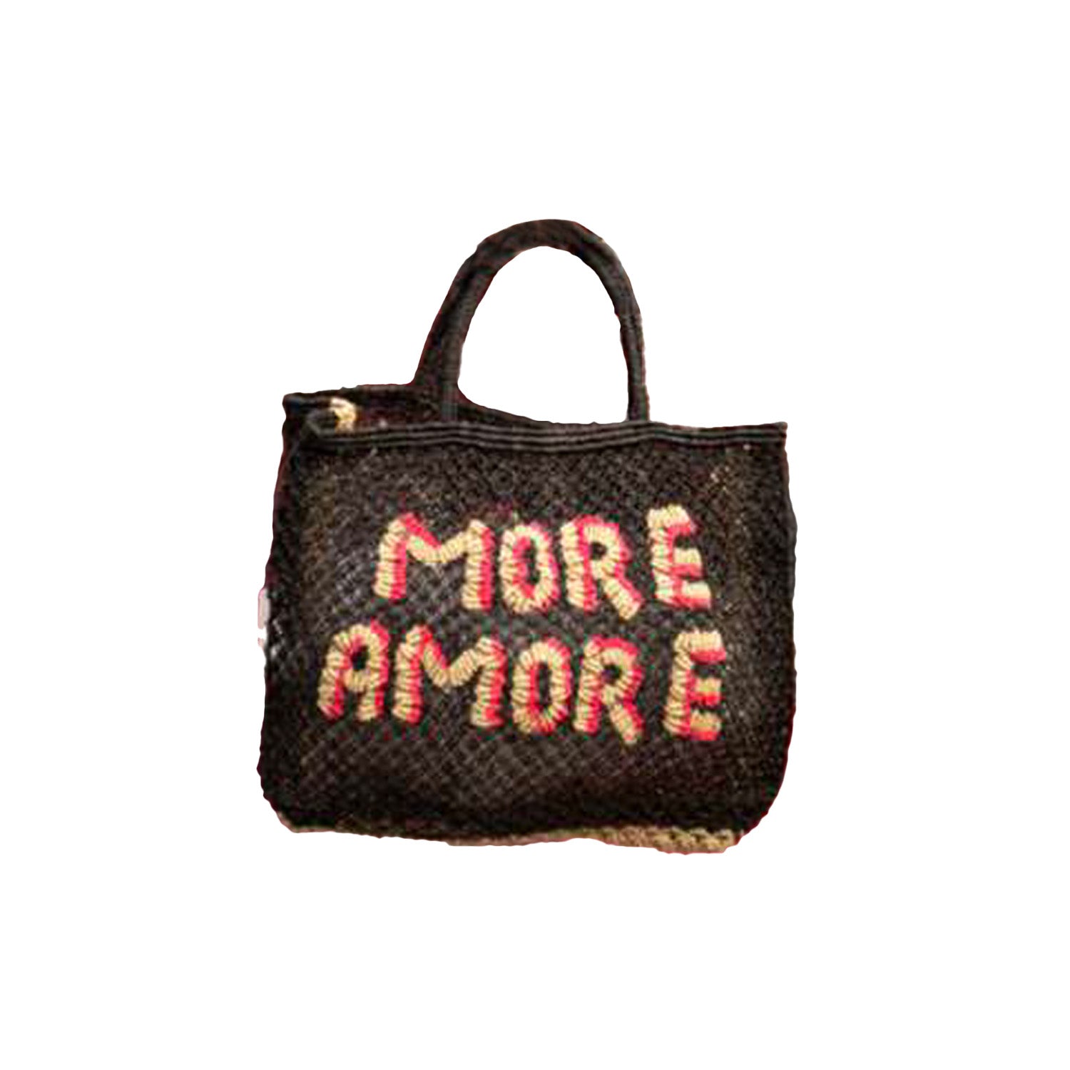 THE JACKSONS LONDON JUTE BAG . MORE AMORE . IN BLACK WITH NATURAL/HOT PINK