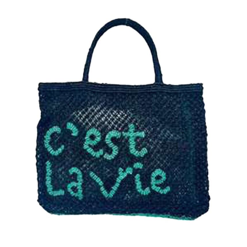 THE JACKSONS LONDON JUTE BAG . CEST LA VIE . IN INDIGO WITH OCEAN