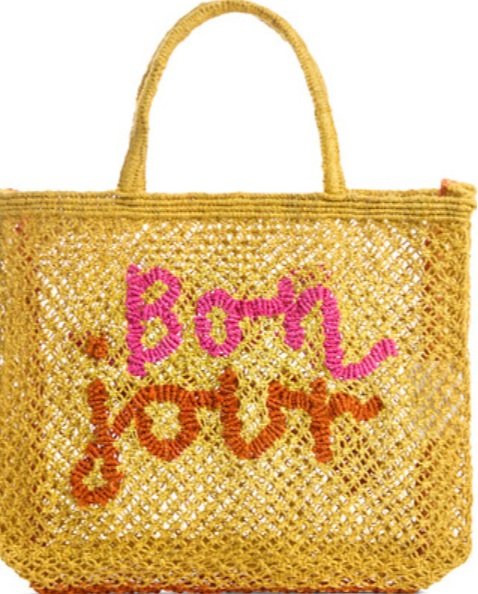 THE JACKSONS LONDON JUTE BAG . BONJOUR . IN YELLOW WITH PINK/GINGER