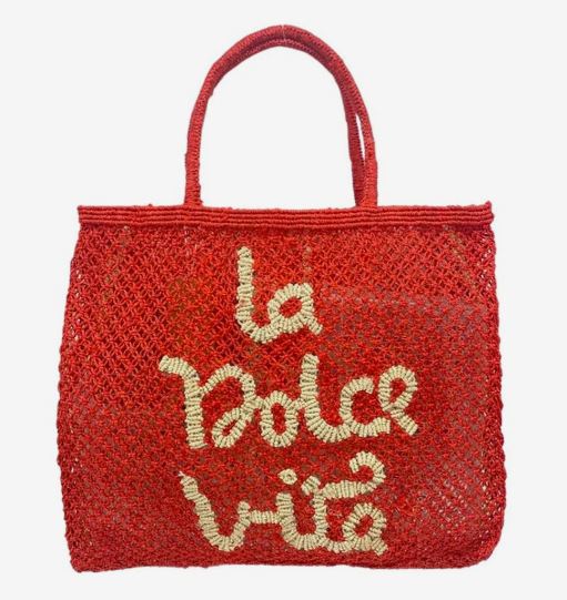 THE JACKSONS JUTE BAG . LA DOLCE VITA . IN SCARLETT WITH NATURAL - SMALL